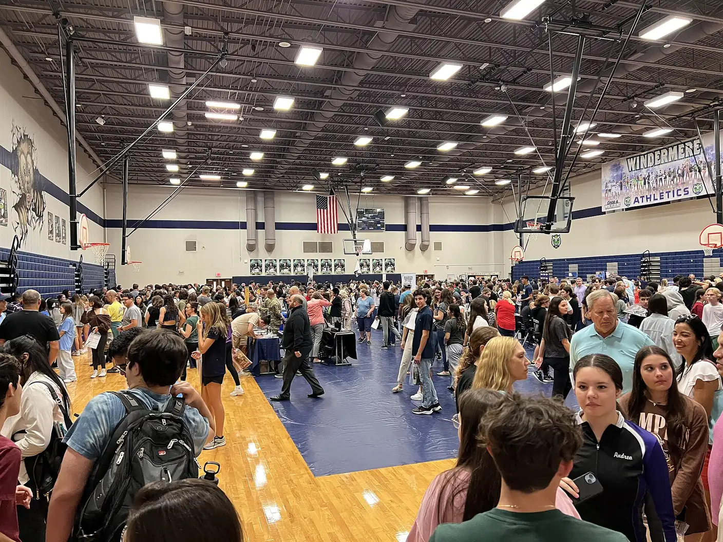 The athletics gym at Windermere High School, just east of Horizon West, during a college fair
