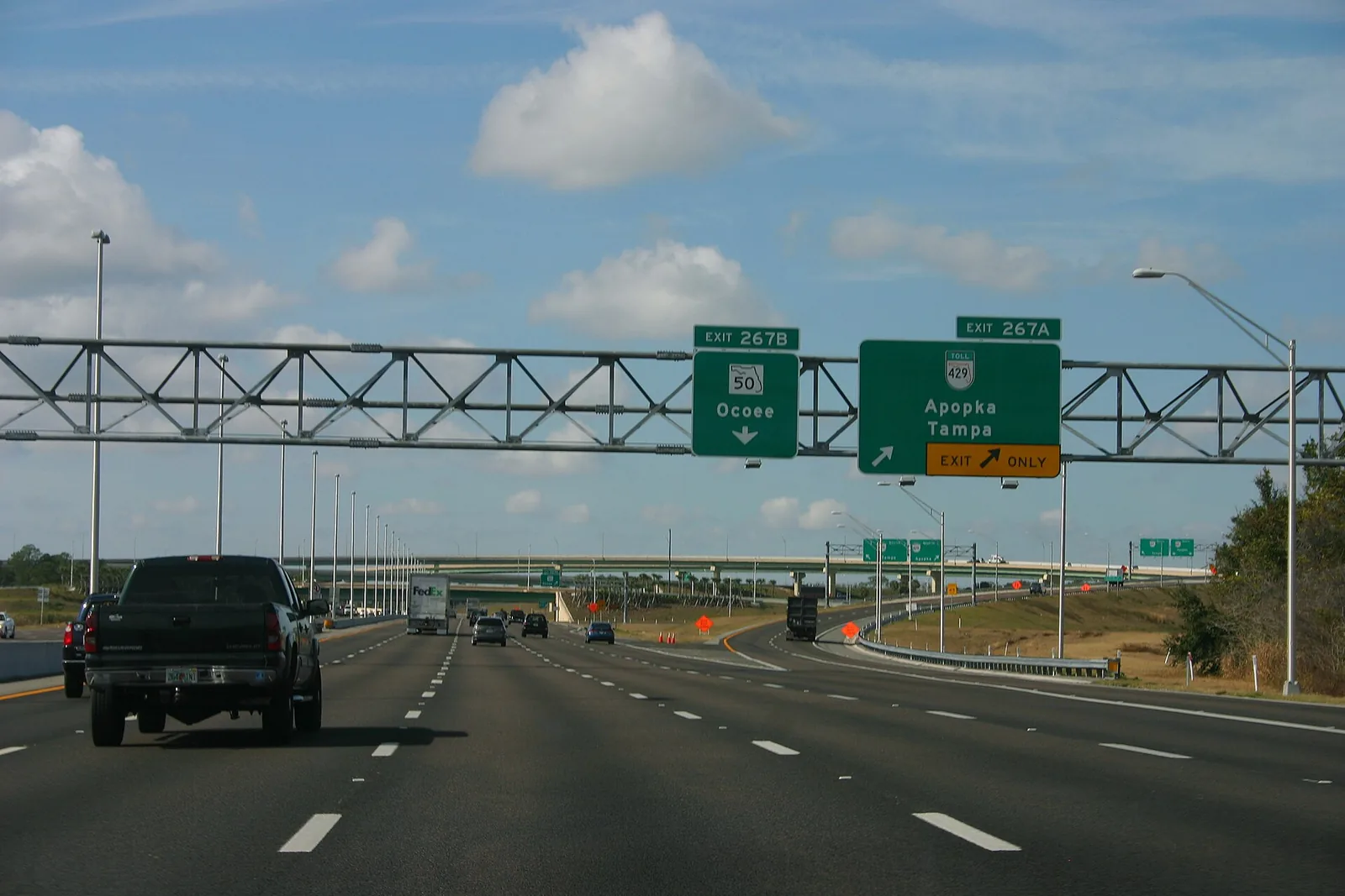 Florida's Turnpike northbound at exit 267, where it meets State Road 429 and State Road 50 near Winter Garden