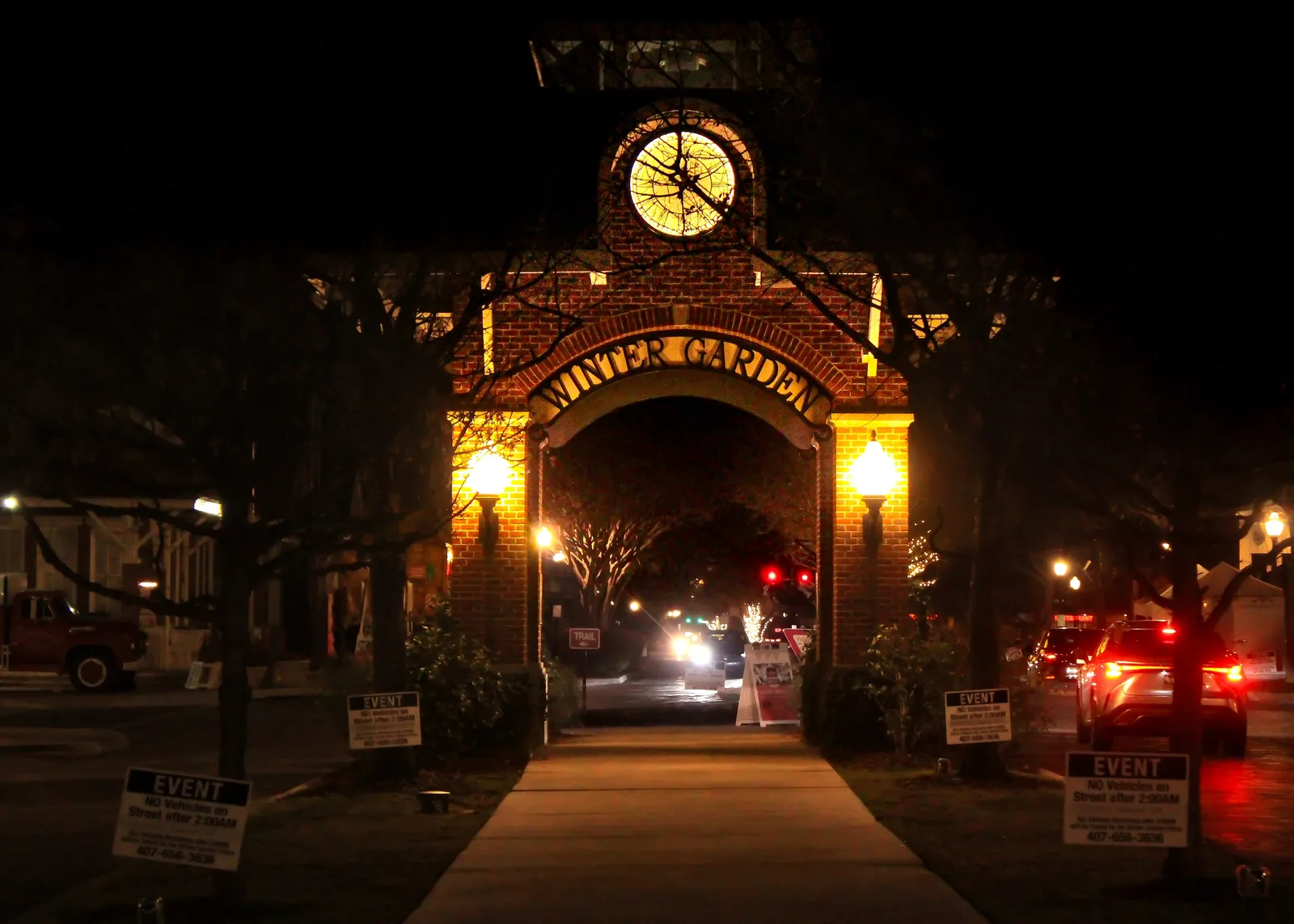 The Winter Garden clock tower arch over the sidewalk in downtown Winter Garden, about seven miles north of Horizon West