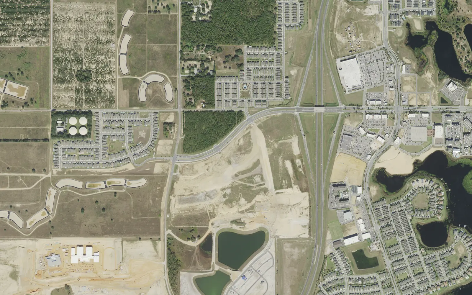 Aerial view of State Road 429 at New Independence Parkway, with the Hamlin stores to the east, in Horizon West's Town Center