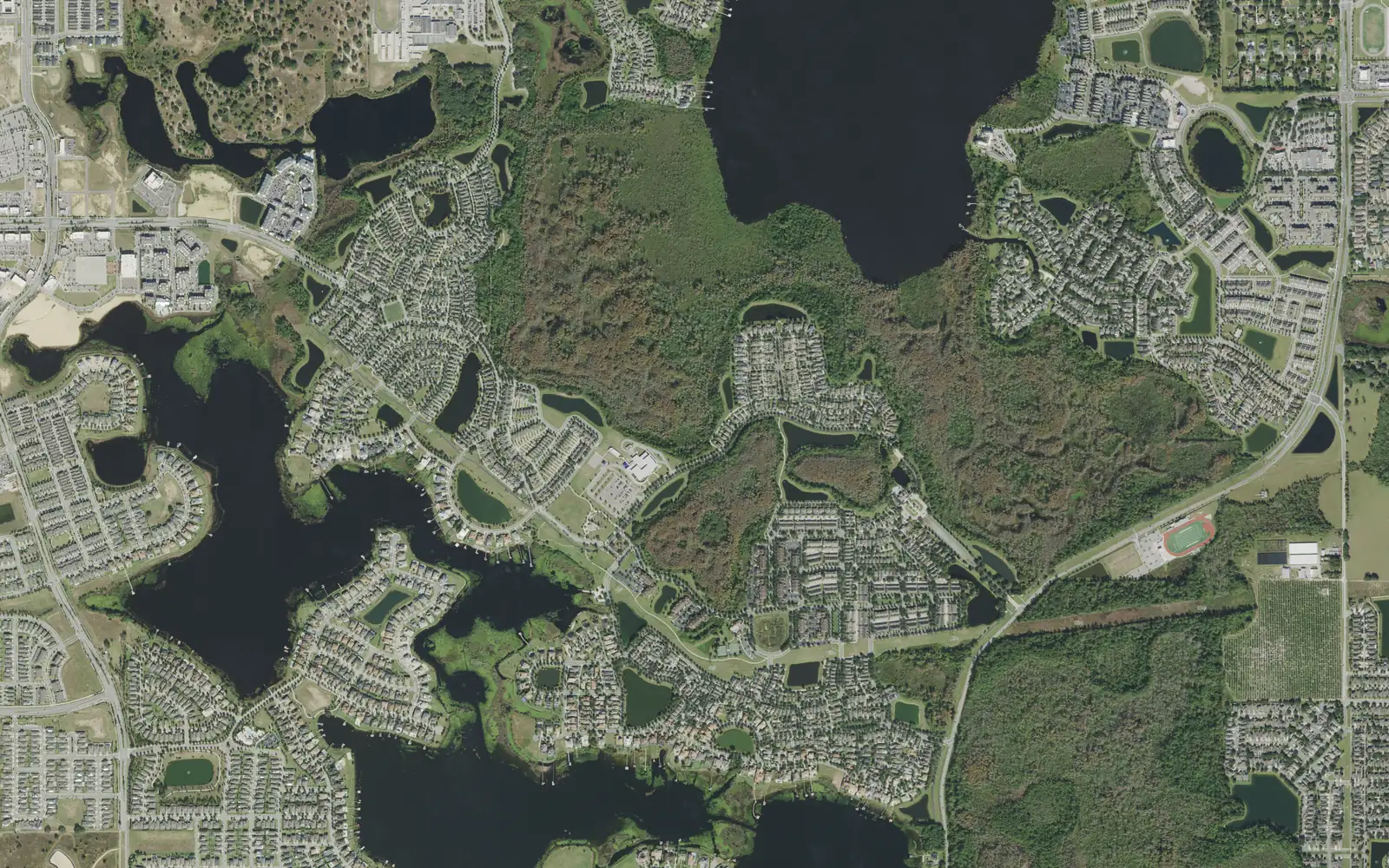 Aerial view of the Village of Bridgewater, with Lake Hancock at left, Lake Speer to the north and the edge of Hamlin at the far left