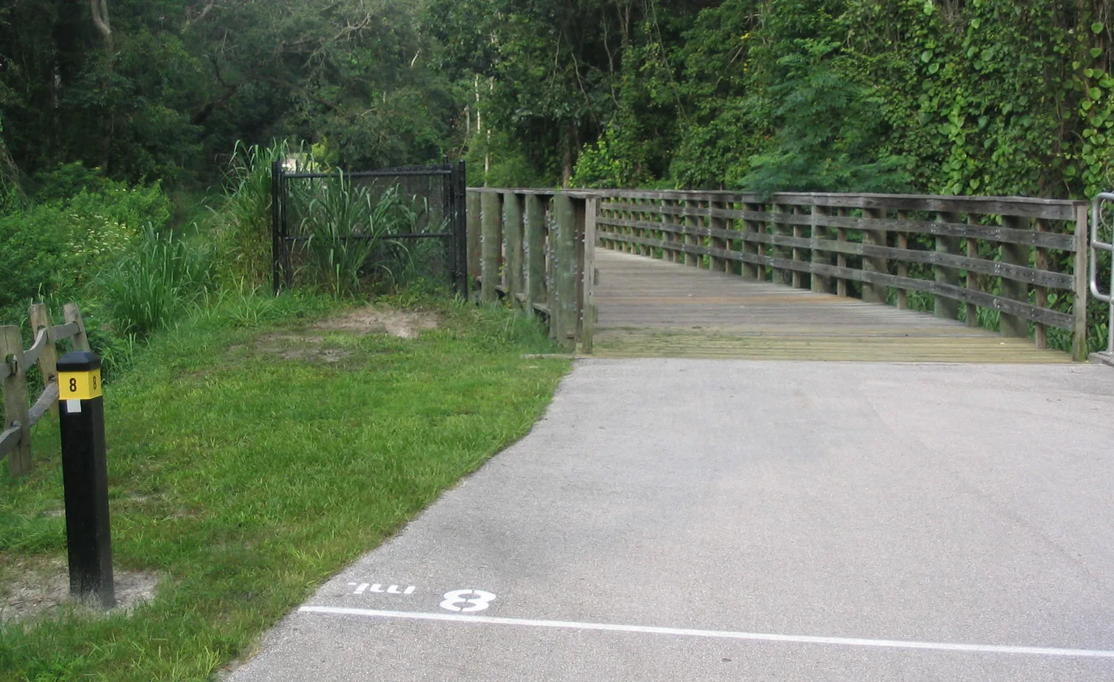 A boardwalk bridge on the West Orange Trail at the mile 8 marker.