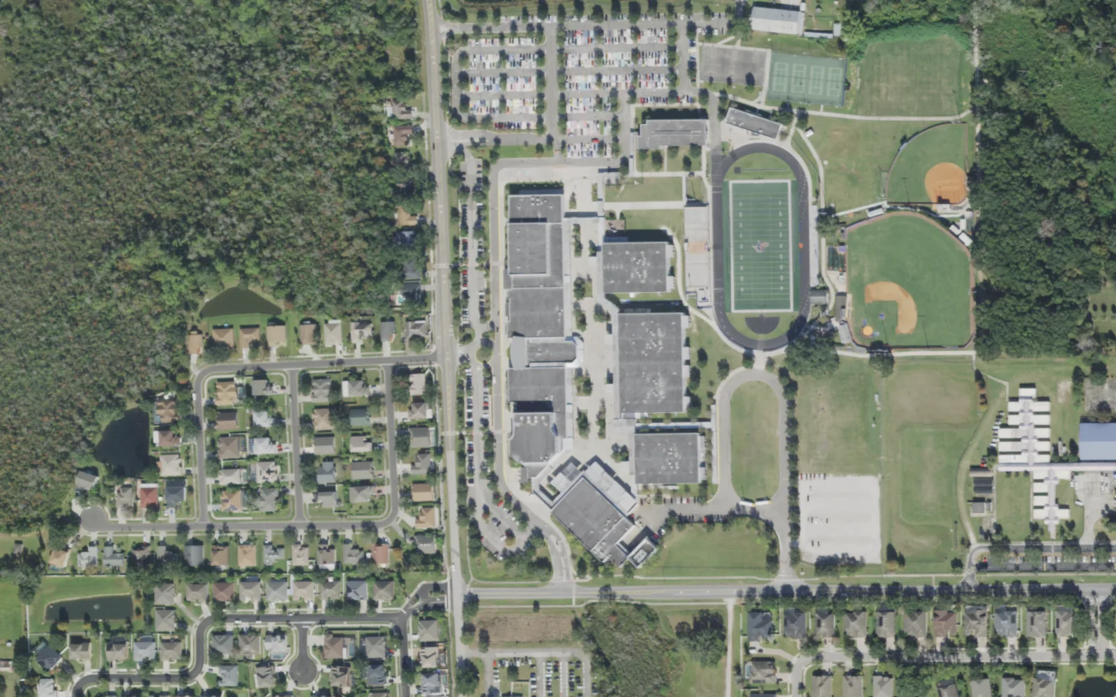 West Orange High School on Beulah Road, seen from the air, with its stadium and ball fields east of the classroom buildings