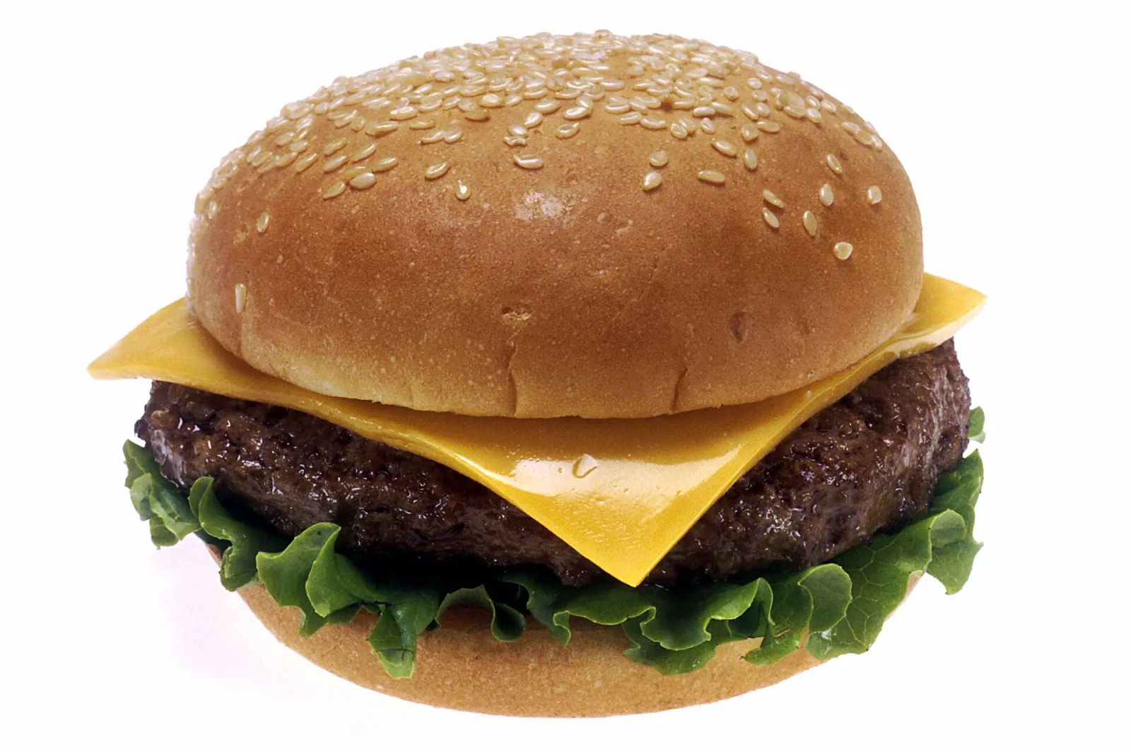 A cheeseburger with lettuce on a sesame bun. The photo was not taken at a Horizon West restaurant.